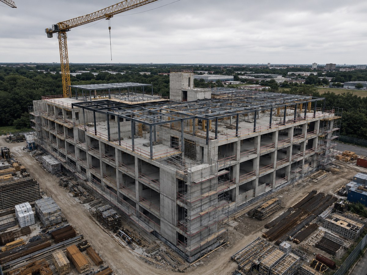 Baustelle einer Projektentwicklung mit Rohbau aus der Luft