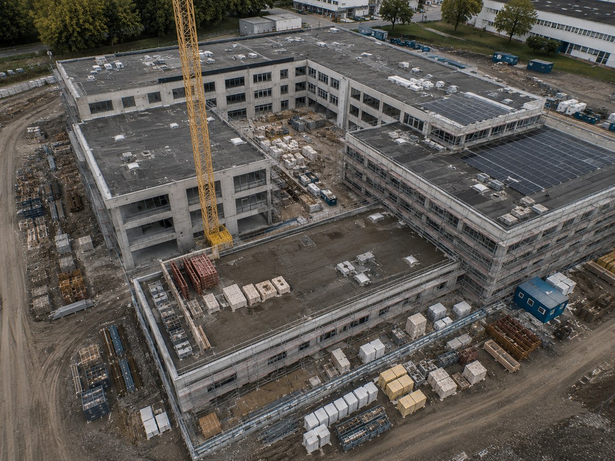 Baustelle aus der Luft mit erkennbarem Baufortschritt im Vergleich zu vorherigen Aufnahmen