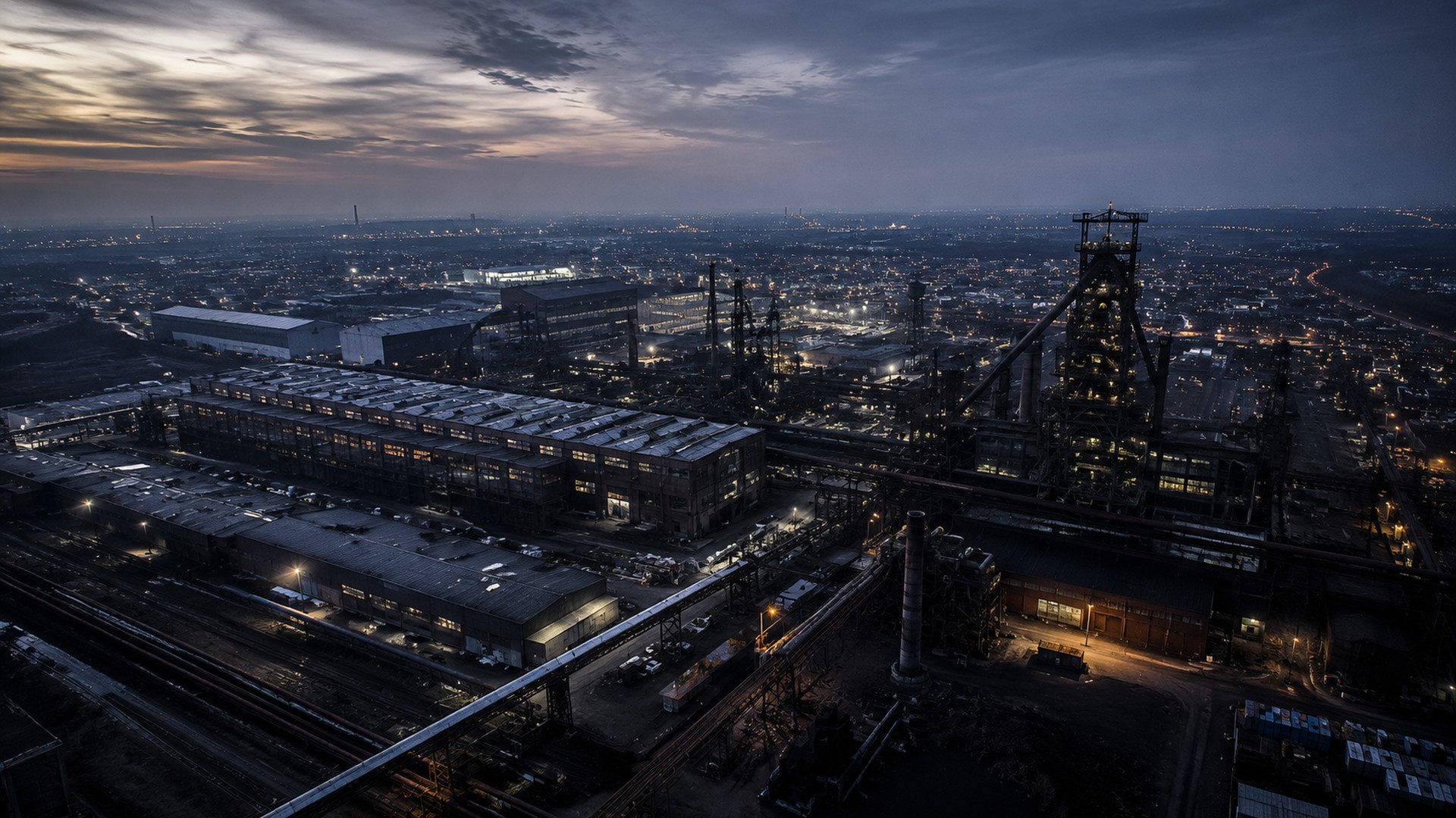 Industrieanlage im Ruhrgebiet aus der Luft in der Abenddämmerung