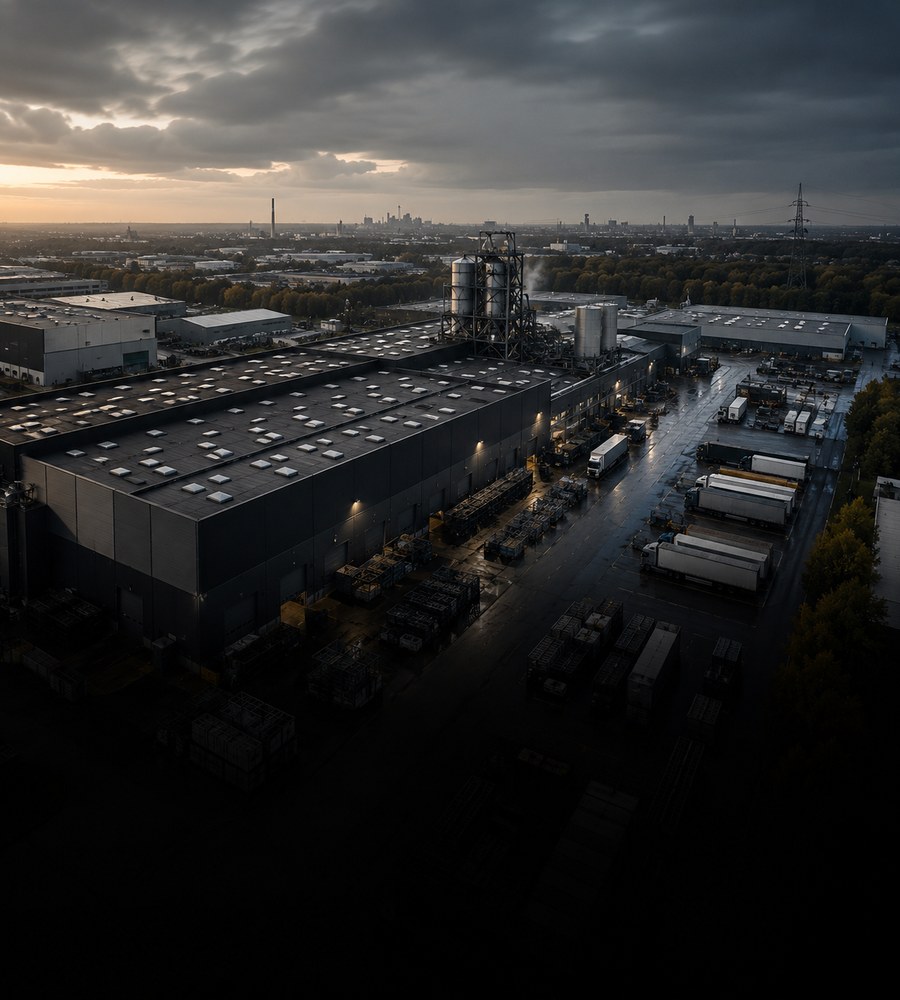 Weitläufiges Industriegelände mit Produktionshallen aus der Vogelperspektive